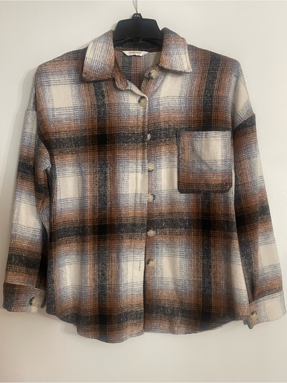 Women's Plaid Button-Front Shirt Jacket in Brown and Cream